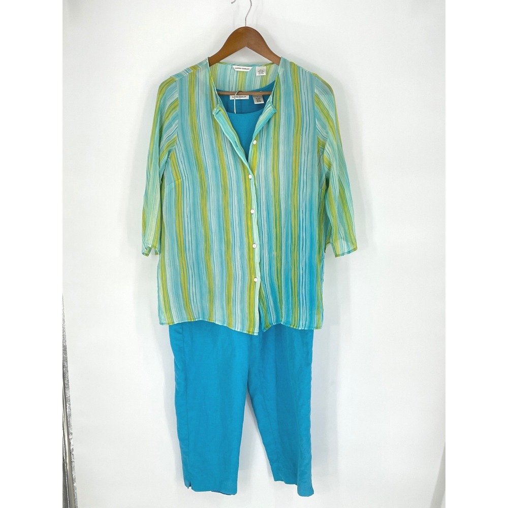 Laura Ashley Womens 3 Piece Set L Outfit Blue Green Striped Silk Linen